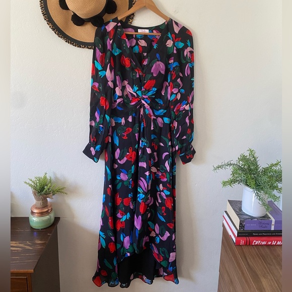 ✨ Parker Cora Silk Blend Multicolor Floral Print Long Sleeve Midi Dress ✨ - Picture 2 of 16
